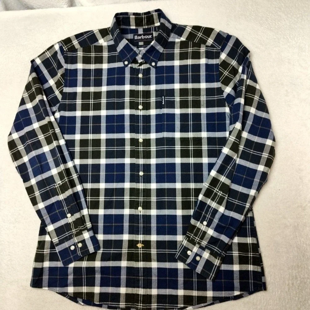 Barbour Shirt Mens Large Blue Tartan Plaid Long Sleeve Button Up Tailored Fit - Picture 2 of 12
